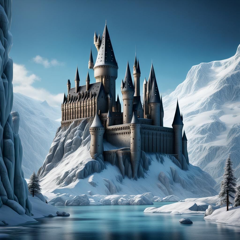 Icy Hogwarts Castle in Winter Landscape