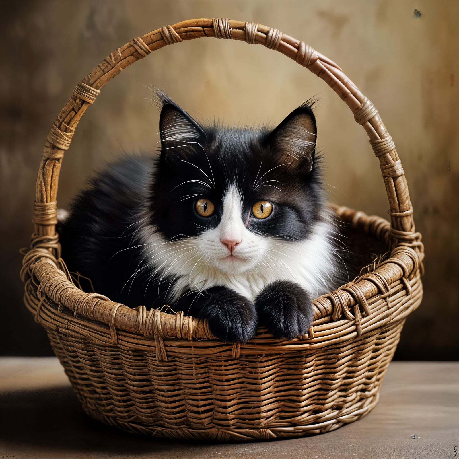 Vibrant Hyperrealistic Portrait of a Fluffy Kitten in a Bask...