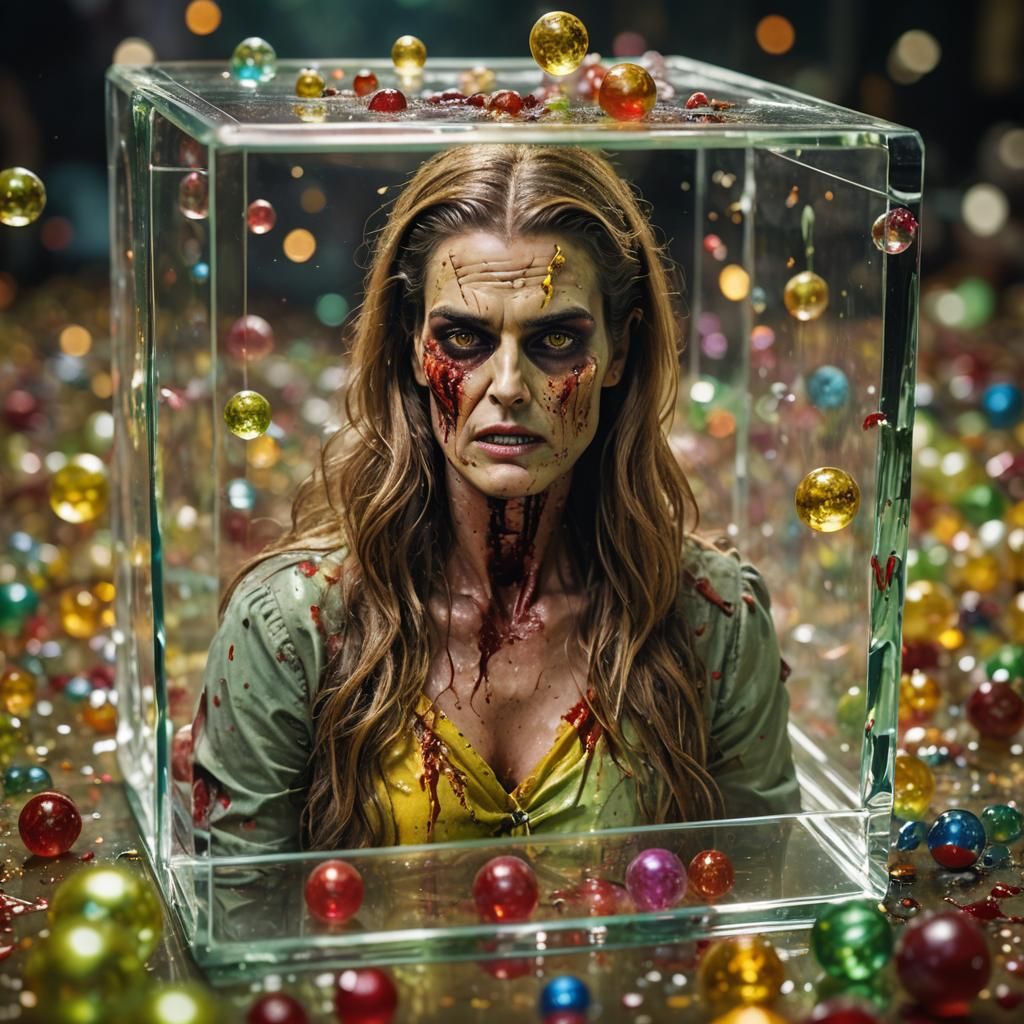 Zombie Face in Crystal Cube with Circus Balls