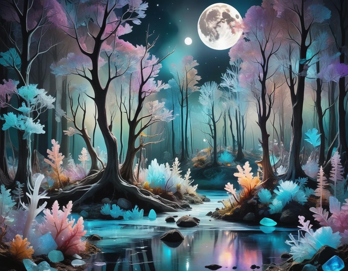 Bioluminescent Quartz Crystal Forest Under Moonlight