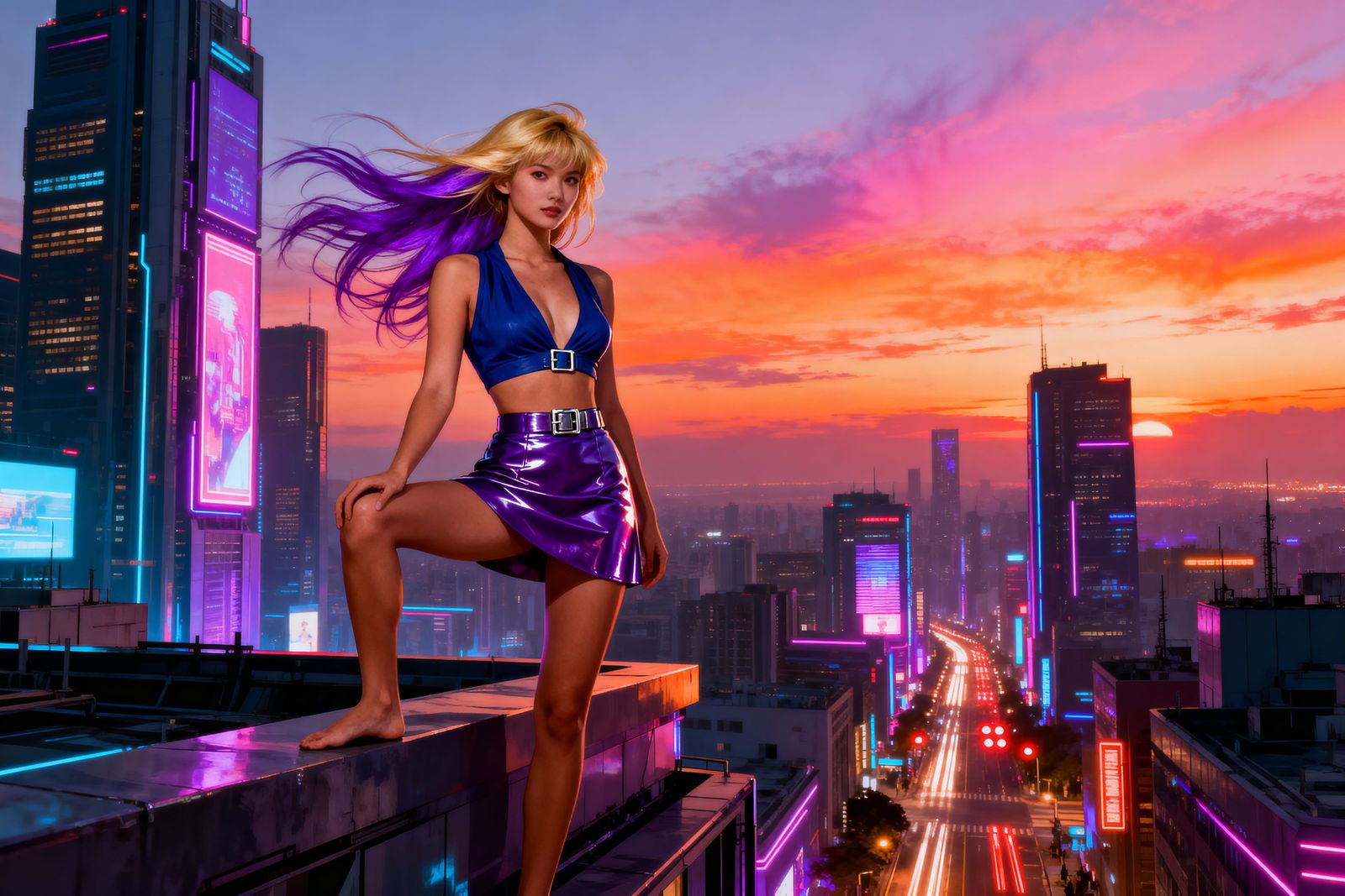 Cyberpunk Woman on Skyscraper Ledge at Sunset