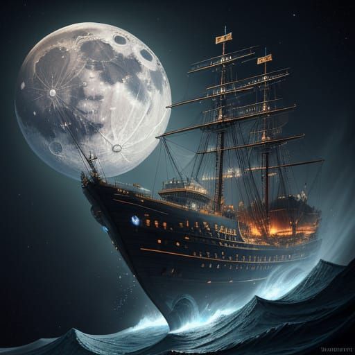 Surreal Spaceship Embarks on Moonlit Odyssey in Vibrant Conc...