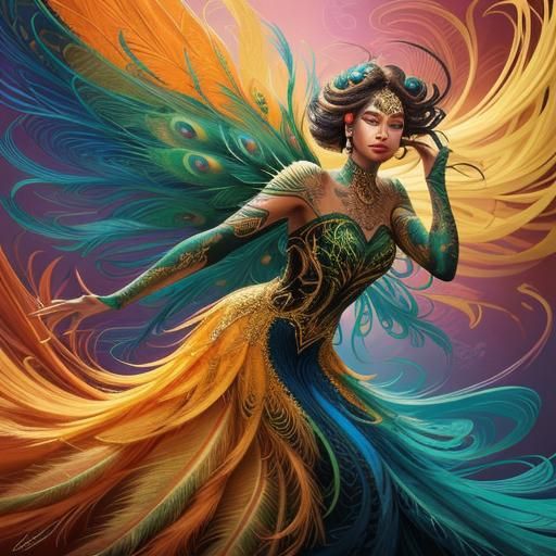 Dragon Peacock Woman with Exotic Flowers, Abstract Art