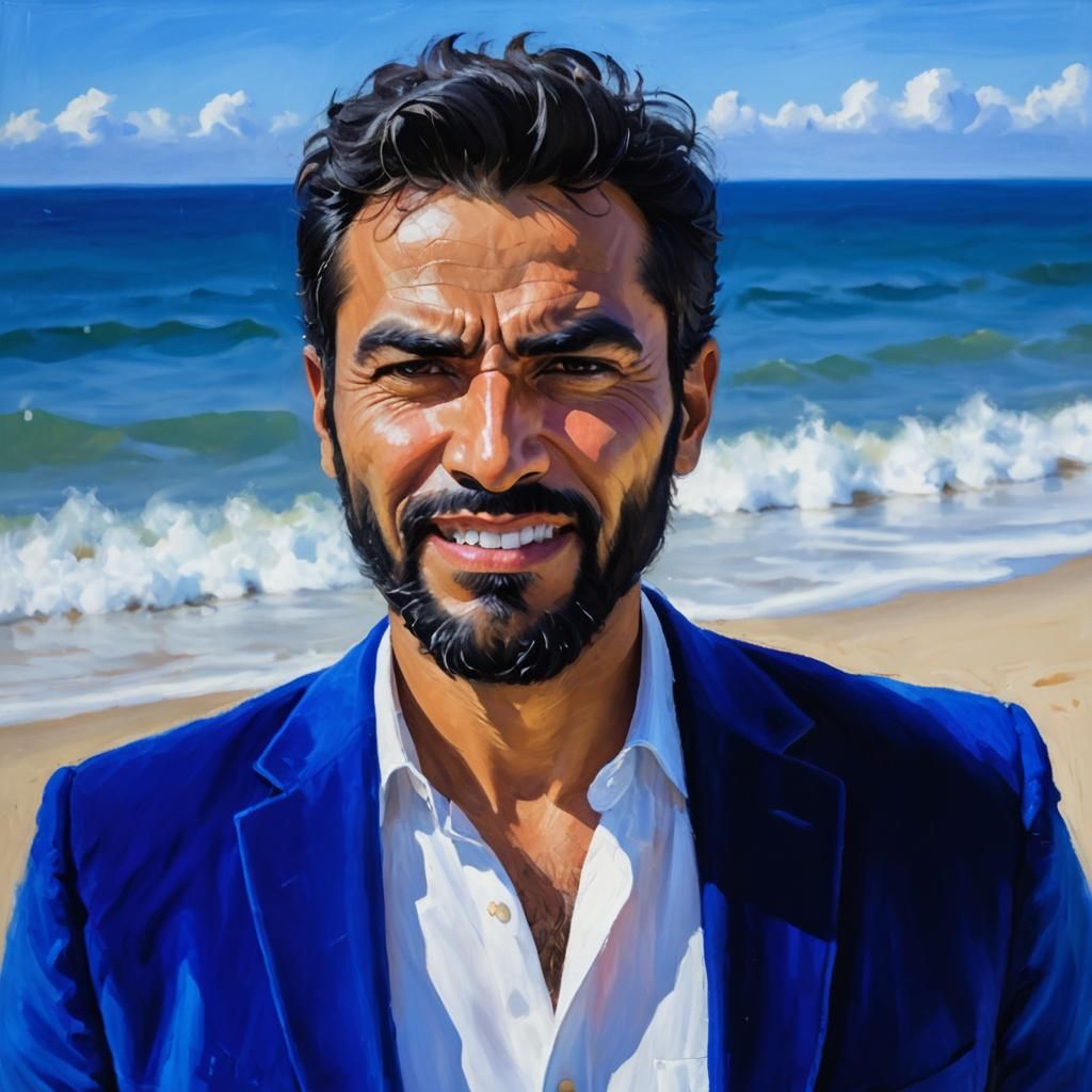 Expressionist Portrait: Bearded Man Against Tranquil Seascap...