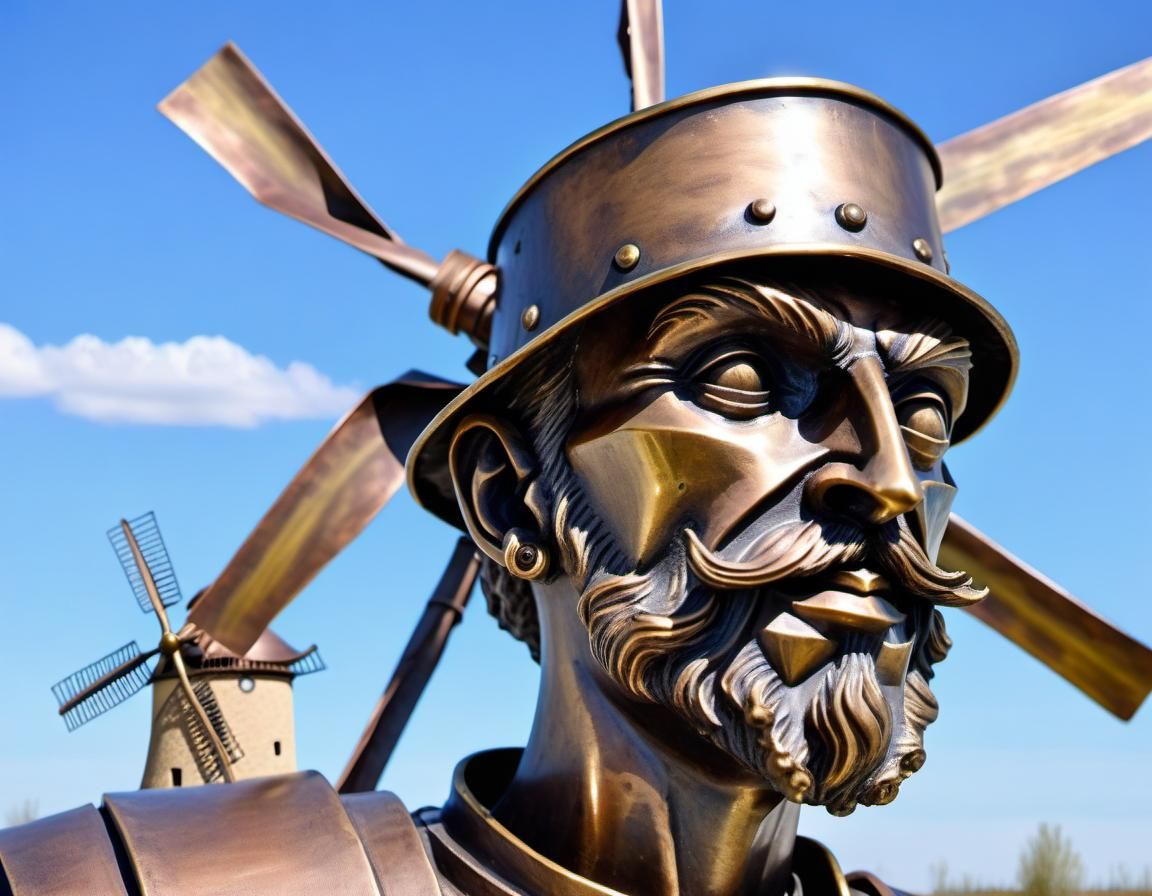 Steampunk Don Quixote Bronze Sculpture Confronts Windmills