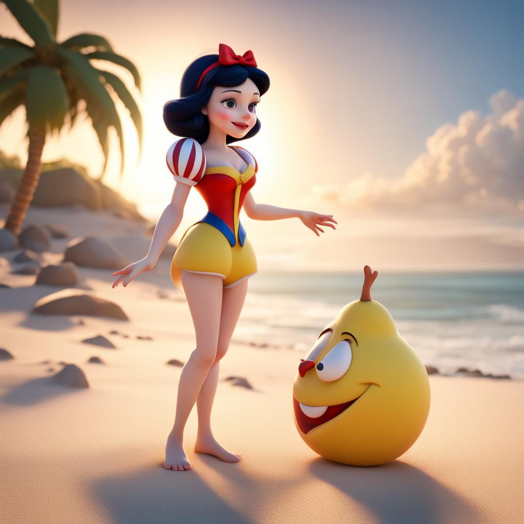 Snow White on the Beach: Pixar-Style 3D Digital Art