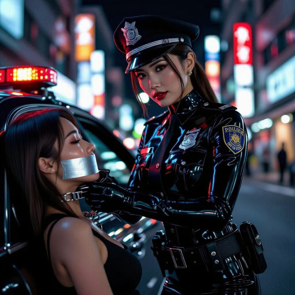 Japanese Woman in Latex Police Uniform Arresting Woman