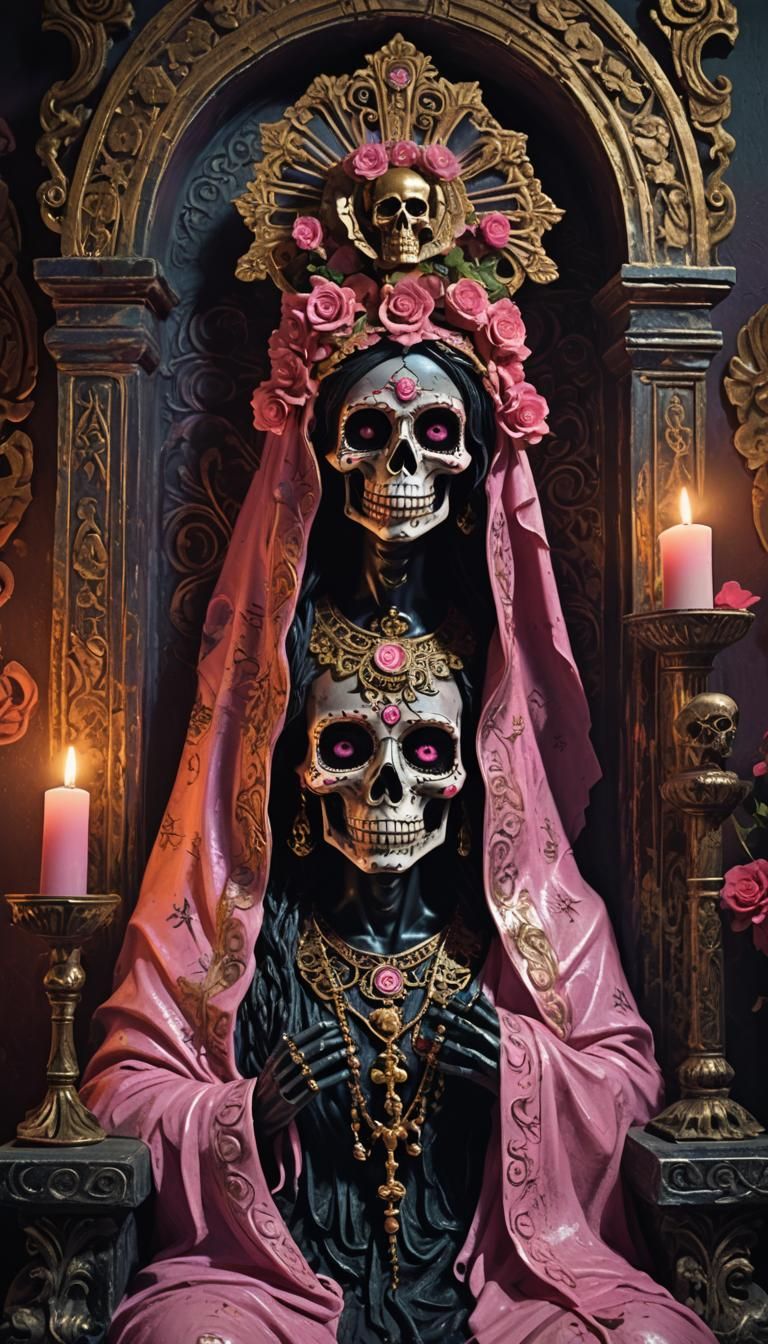 Pink Santa Muerte Statue in Dark Fantasy Style
