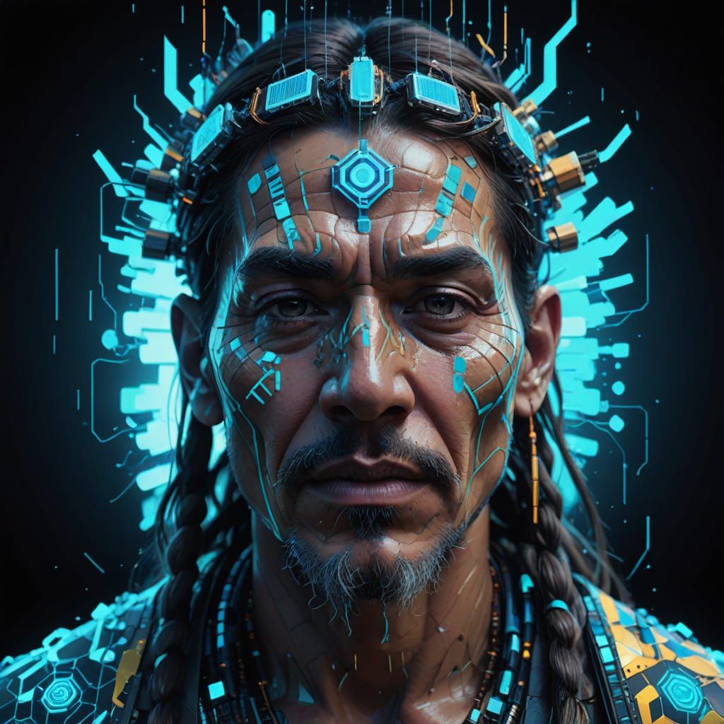 Futuristic Shaman Glitch Art Portrait in Cyberpunk Style