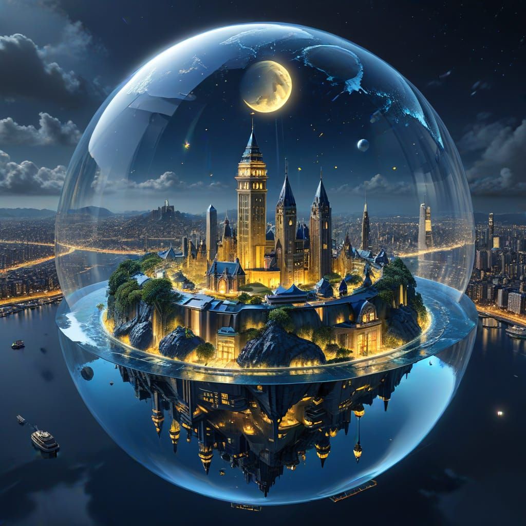 blue yellow tint a floating metropolis island, a tower and a...