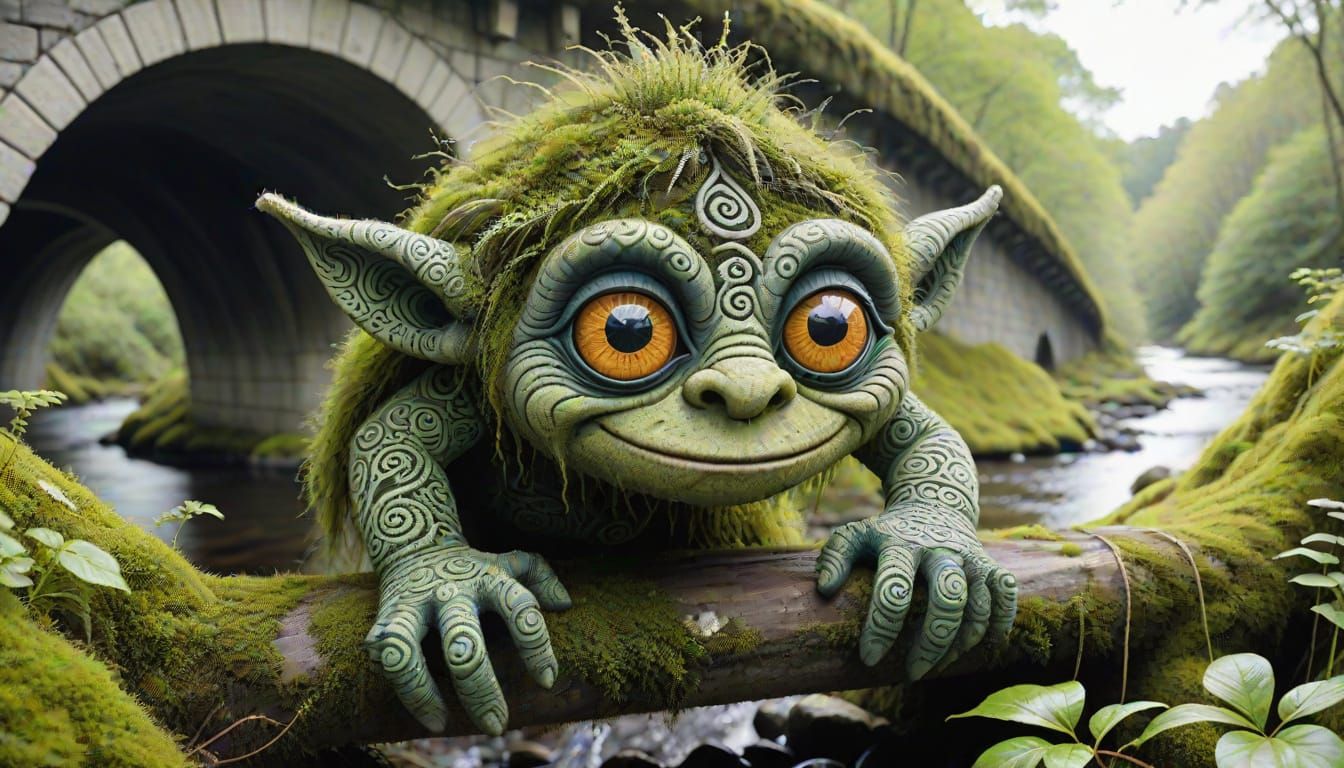 Moss-Covered Zentangle Troll Hiding Under Bridge