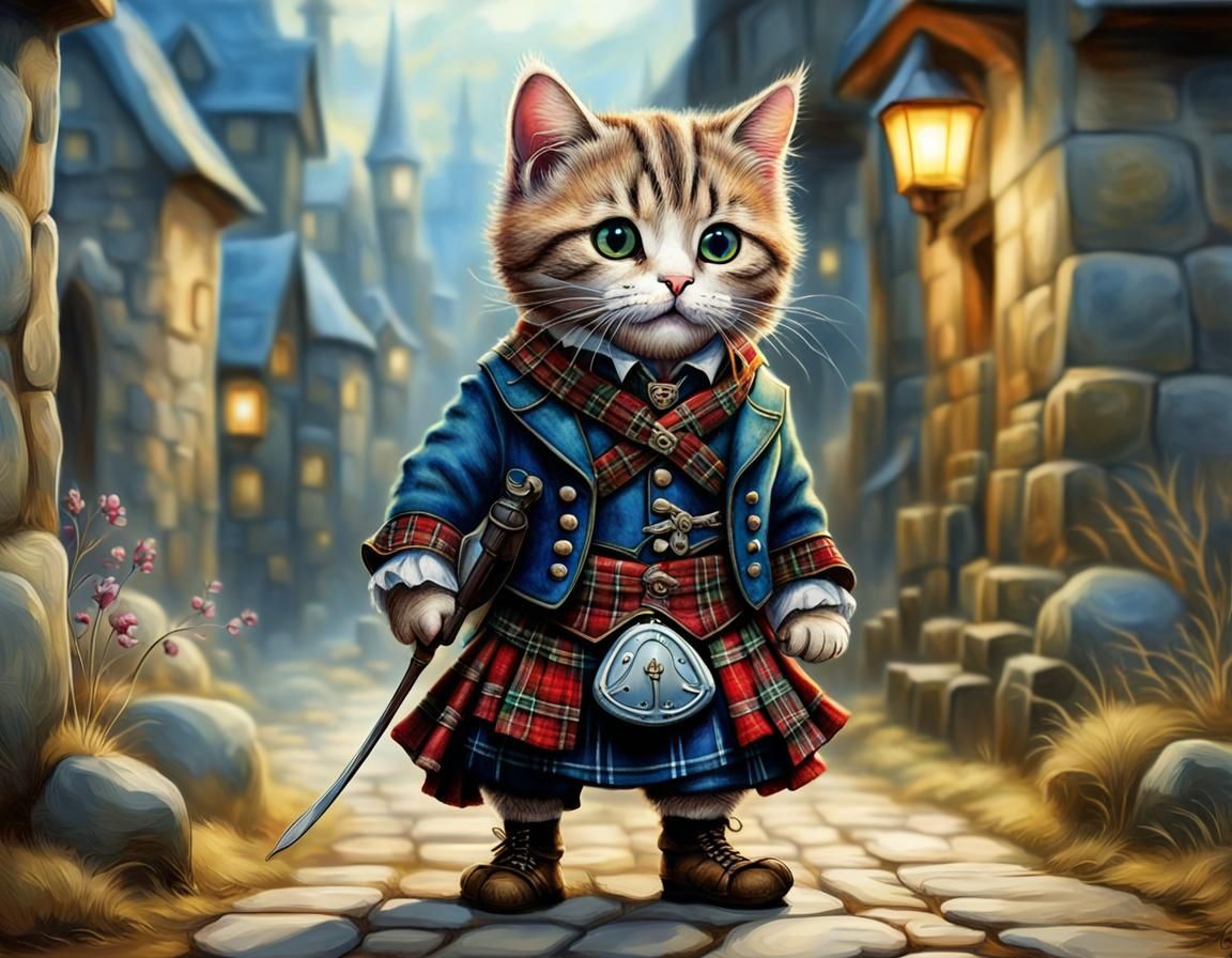Tiny cute and adorable cat adventurer dressed in traditional Scottish outfit with kilt, made of plaid material