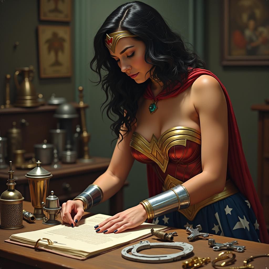 Wonder Woman Examines Gadgets in Jules Verne Style