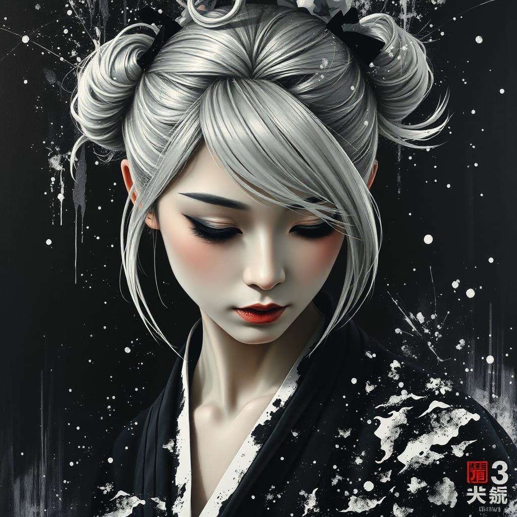 A surreal, dark fantasy-inspired 3D render oil painting of a captivating young Japanese woman with black and white tones...