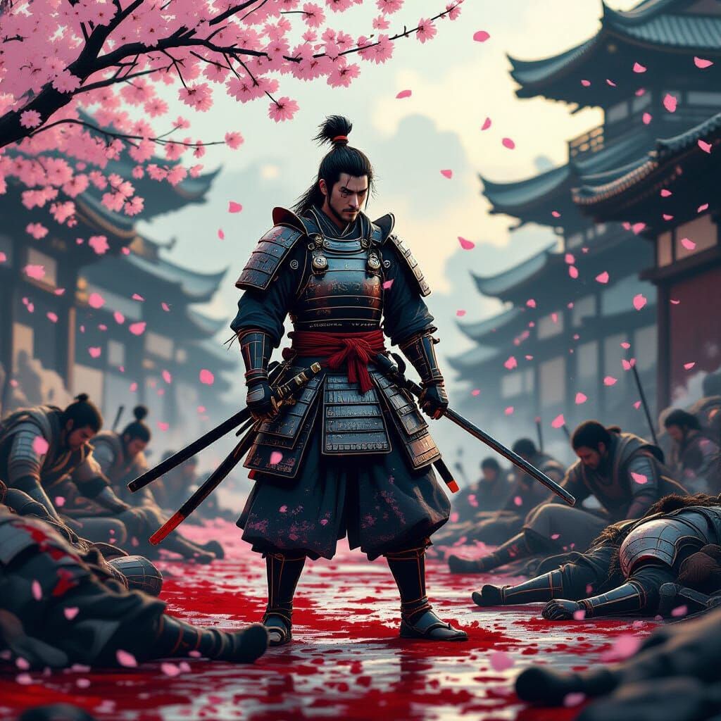Samurai on Battlefield with Cherry Blossoms