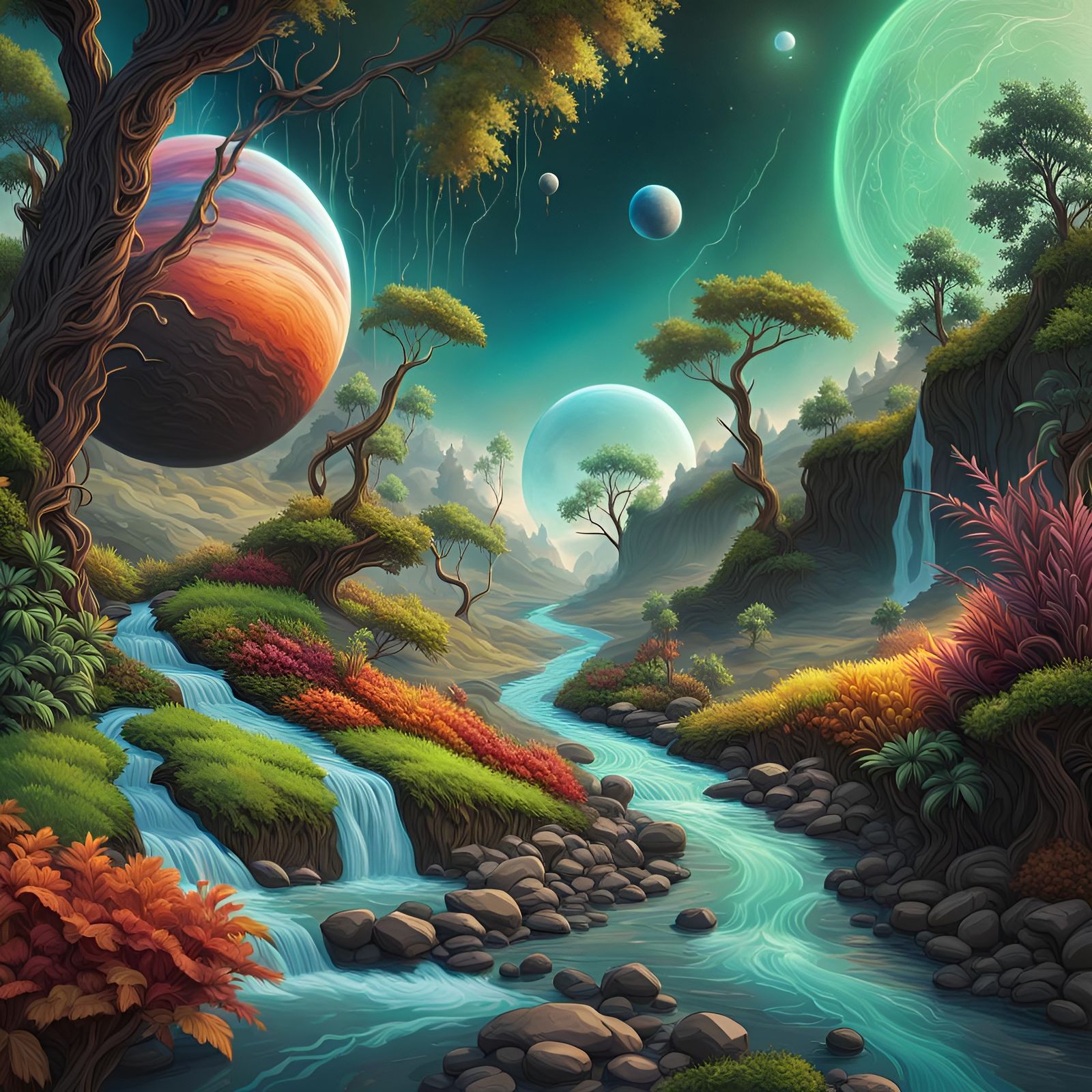 Exoplanet Landscape with Twin Moons: Hyperrealistic Splash A...