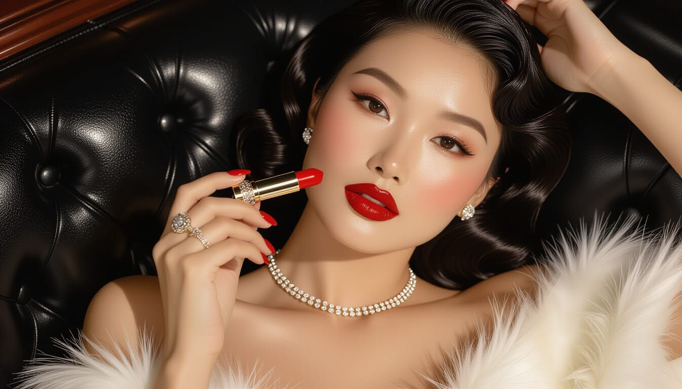 Glamorous 1930s Woman Applying Red Lipstick