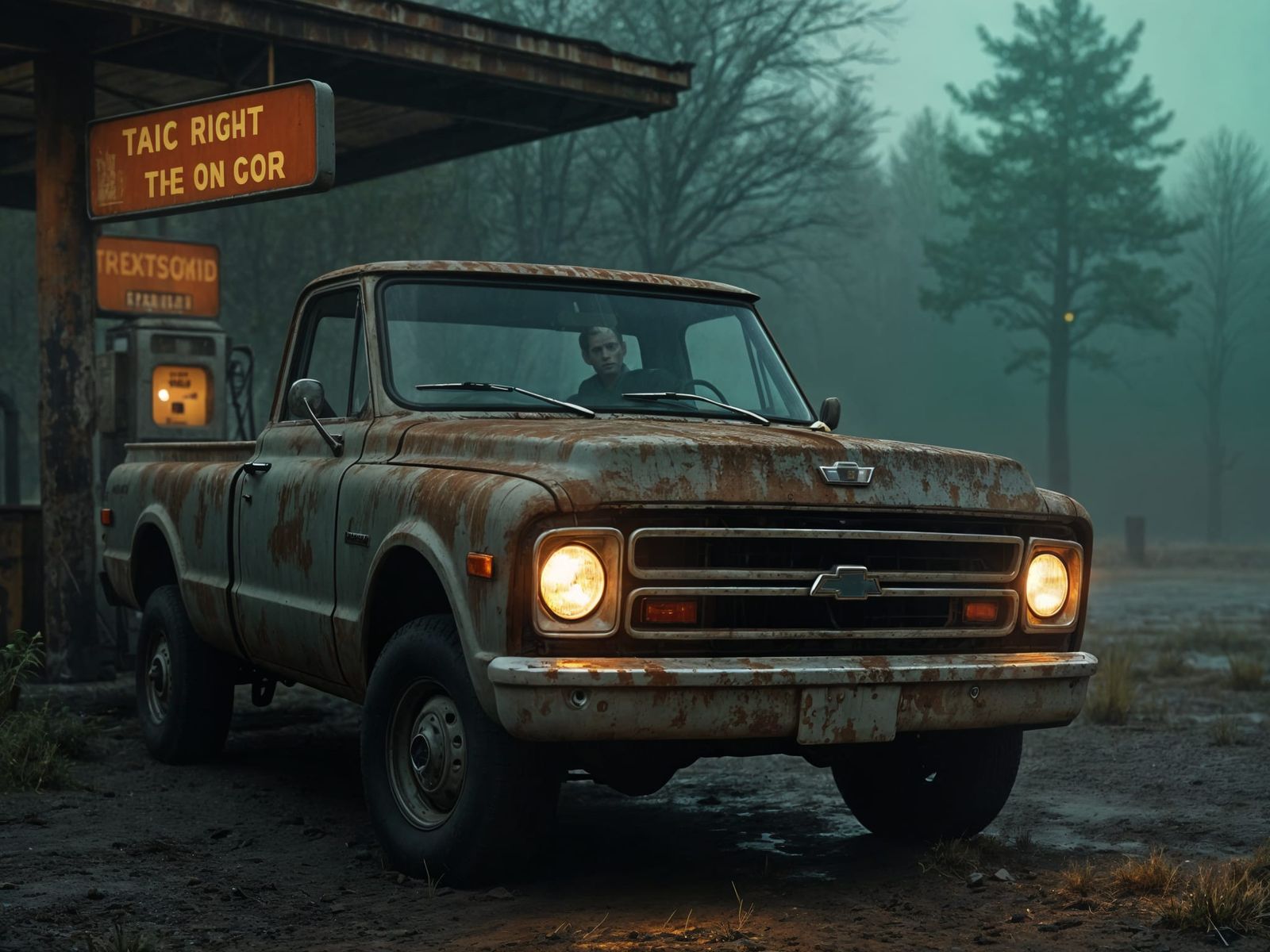 Rusty Pickup Truck with Grim Driver at Abandoned Gas Station