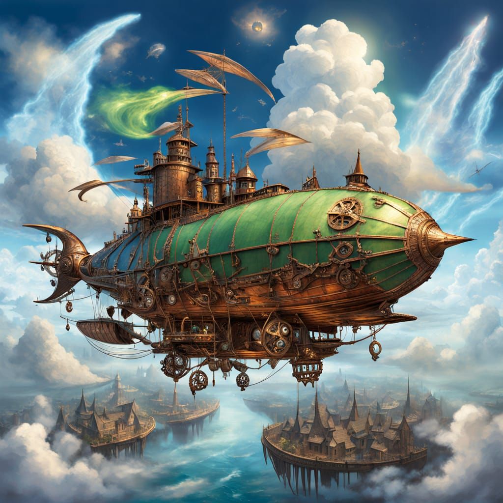 Steampunk Airship and Fairy in Ethereal Lighting