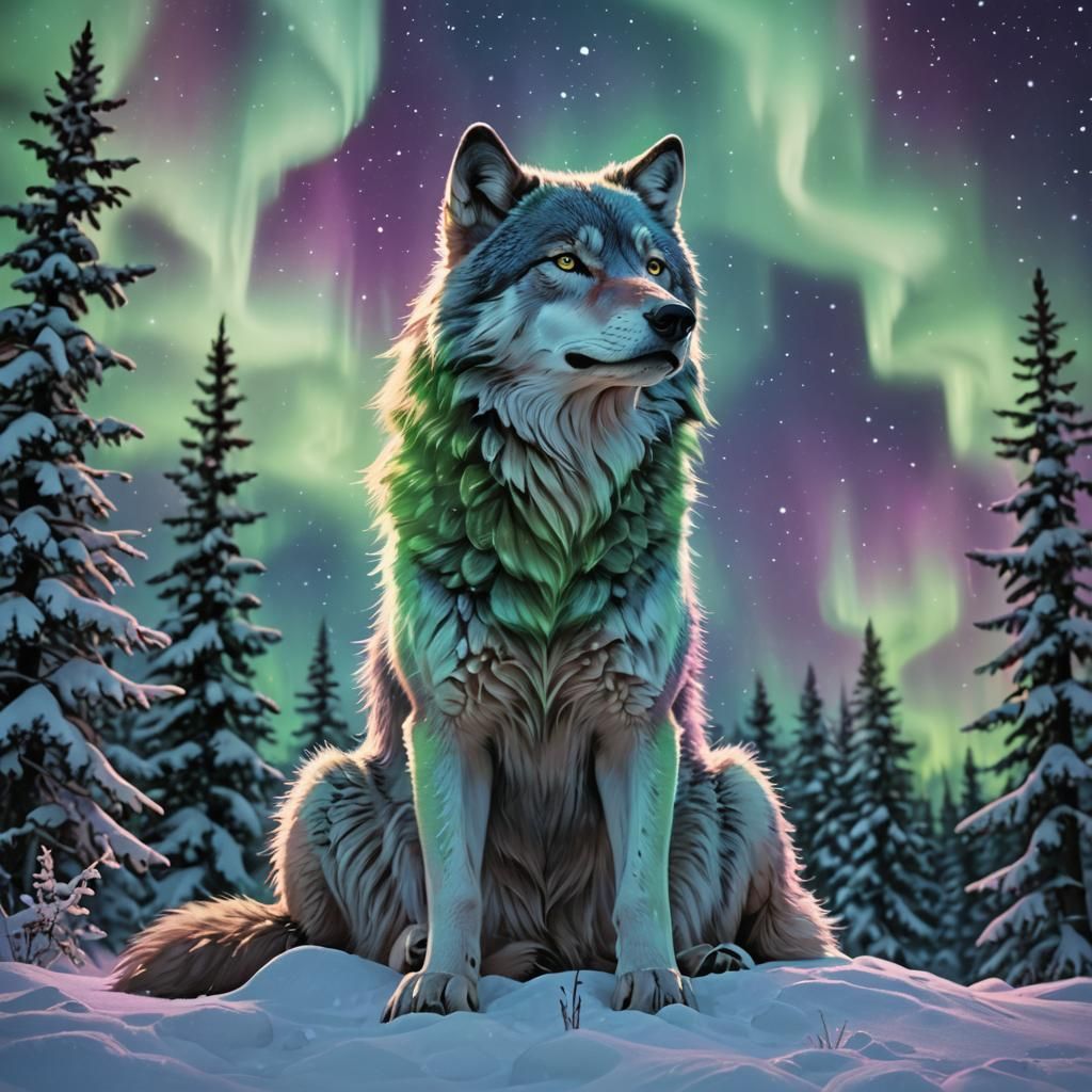 Majestic Wolf Under Northern Lights: Digital Wildlife Art