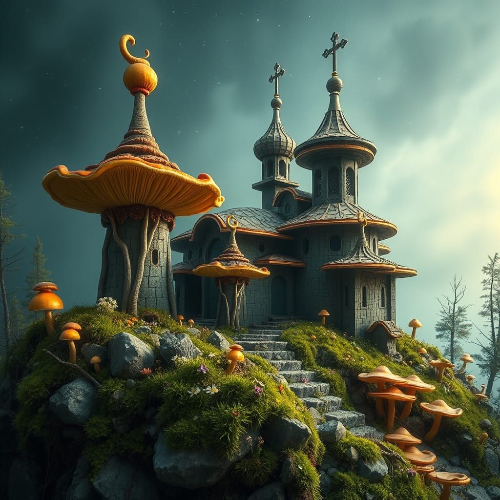 Enchanted Fungal Monastery in Dreamlike Russian Landscape
