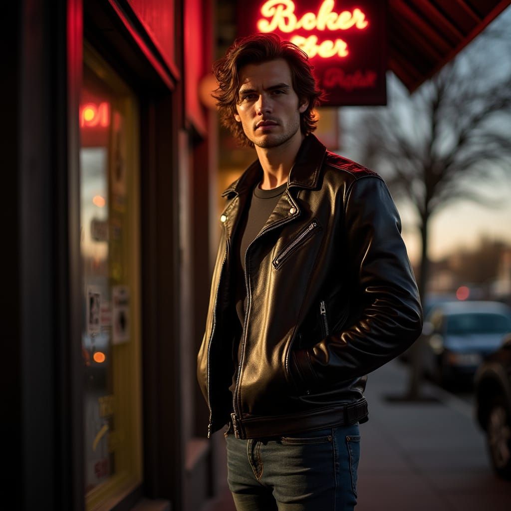 Man in Biker Clothes Outside a Dimly Lit Bar