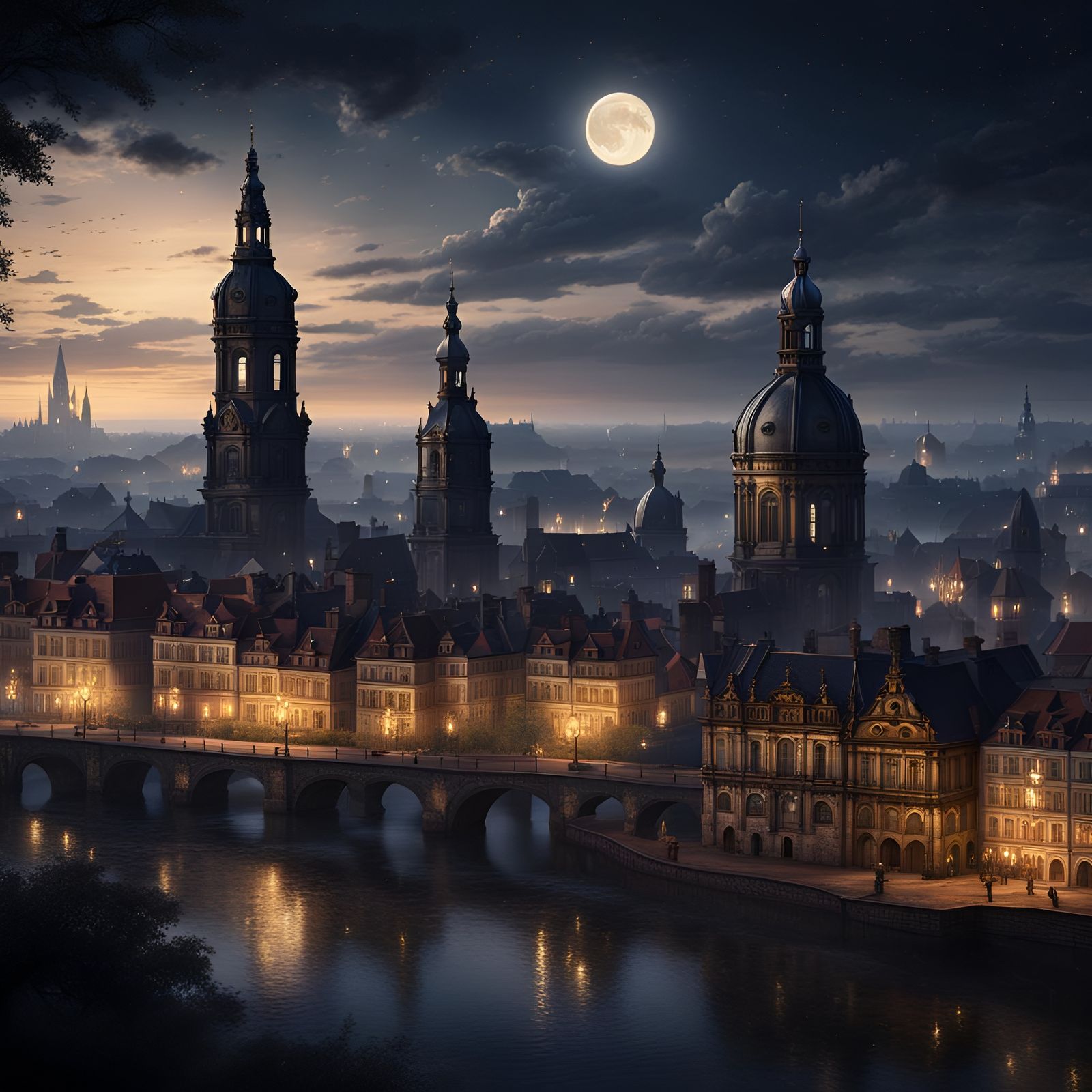 Historic City Night Skyline in Detailed Matte Painting