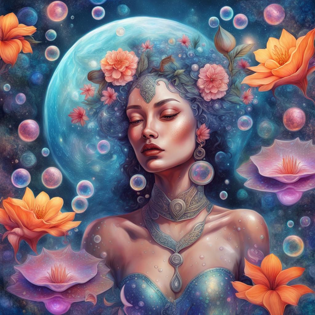 Astral Moon Woman with Stingrays, Holographic Illustration