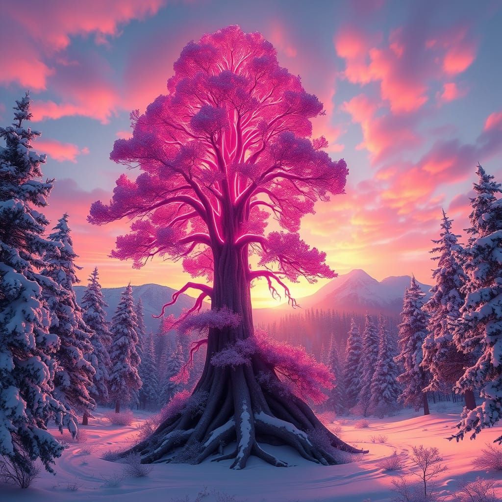 Ethereal Neon Tree in Winter Wonderland Scene