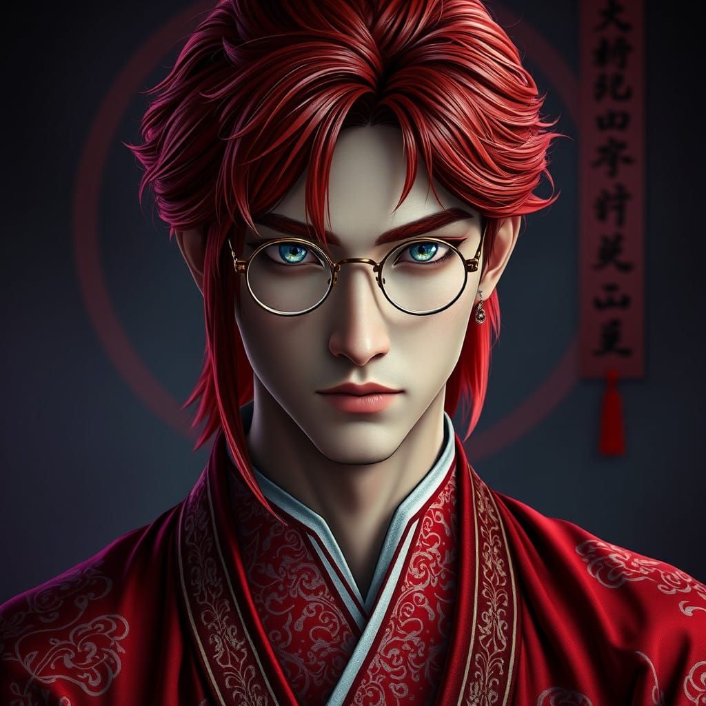 Elegant Onmyoji Warrior with Silver Eyes and Fiery Red Hair