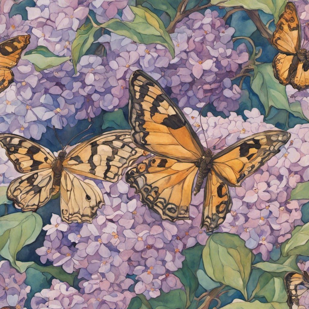 Butterflies on Lilac: Art Nouveau Gouache Painting