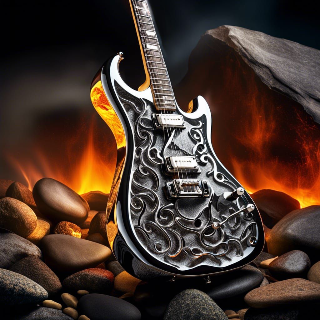 Chrome Rock Guitar on Fire: Hyperrealistic HDR Image