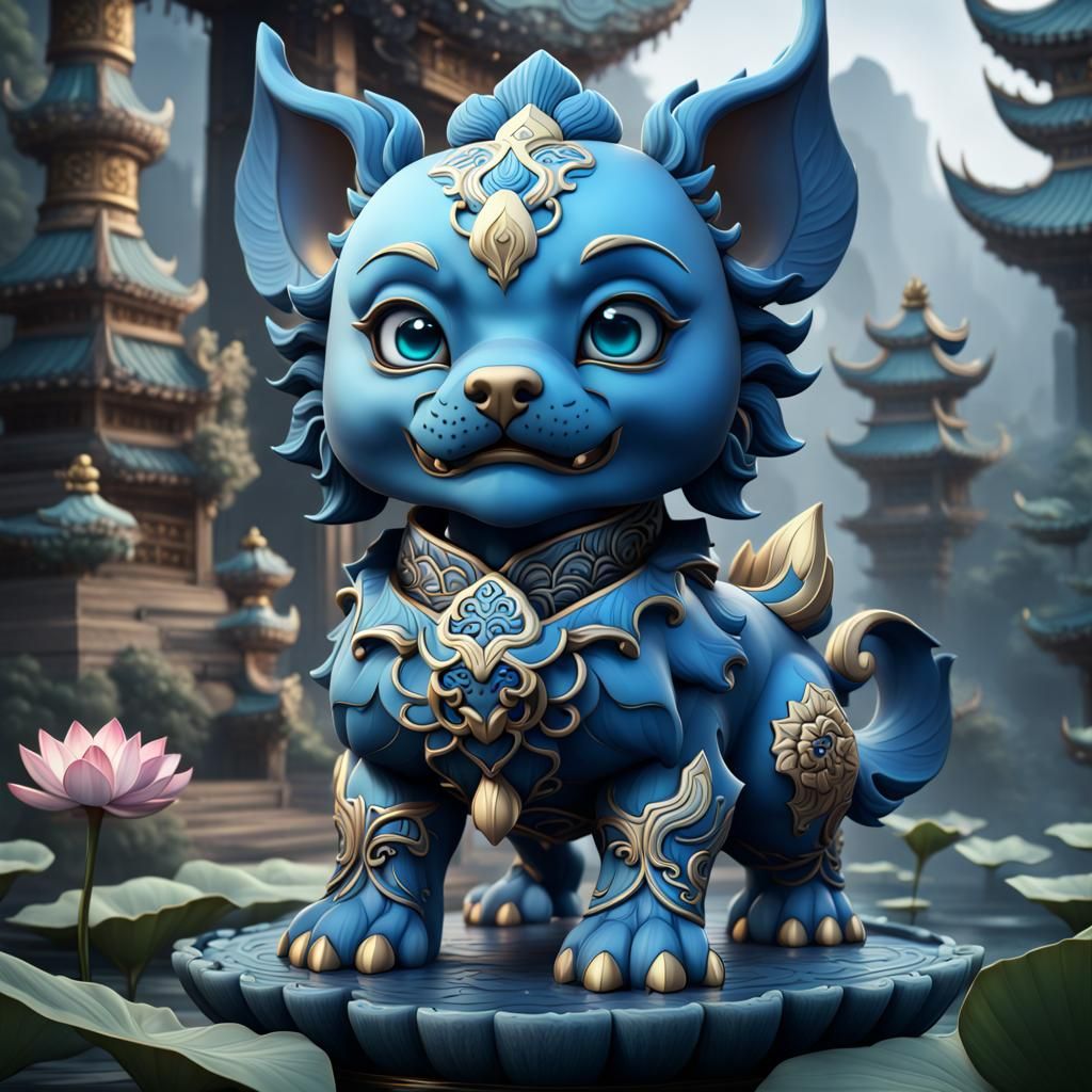 Chibi Blue Lotus Foo Dog in Detailed Digital Art