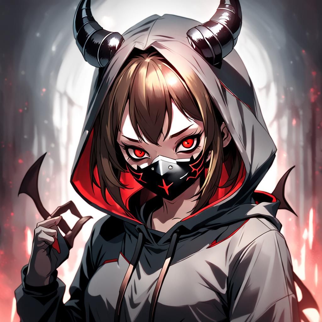Anime Devil Girl in Hoodie Concept Art