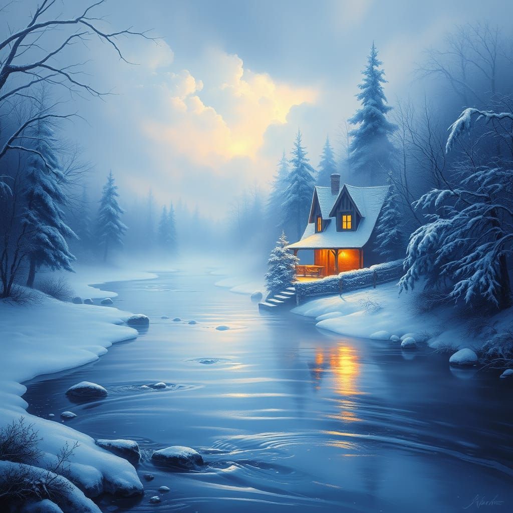 Ethereal Winter Landscape Painting: Snowy Forest Cottage