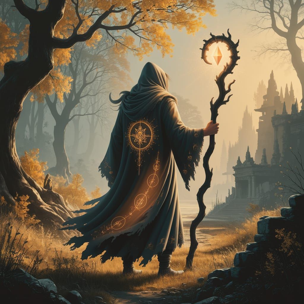 Mystical Shaman Wizard in Golden Forest Glade