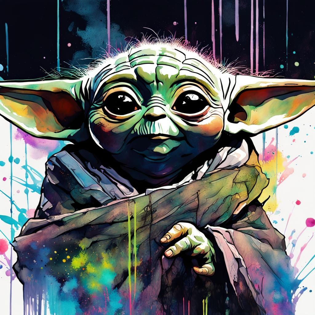 Happy Baby Yoda in Vaporwave Fluorescent Art