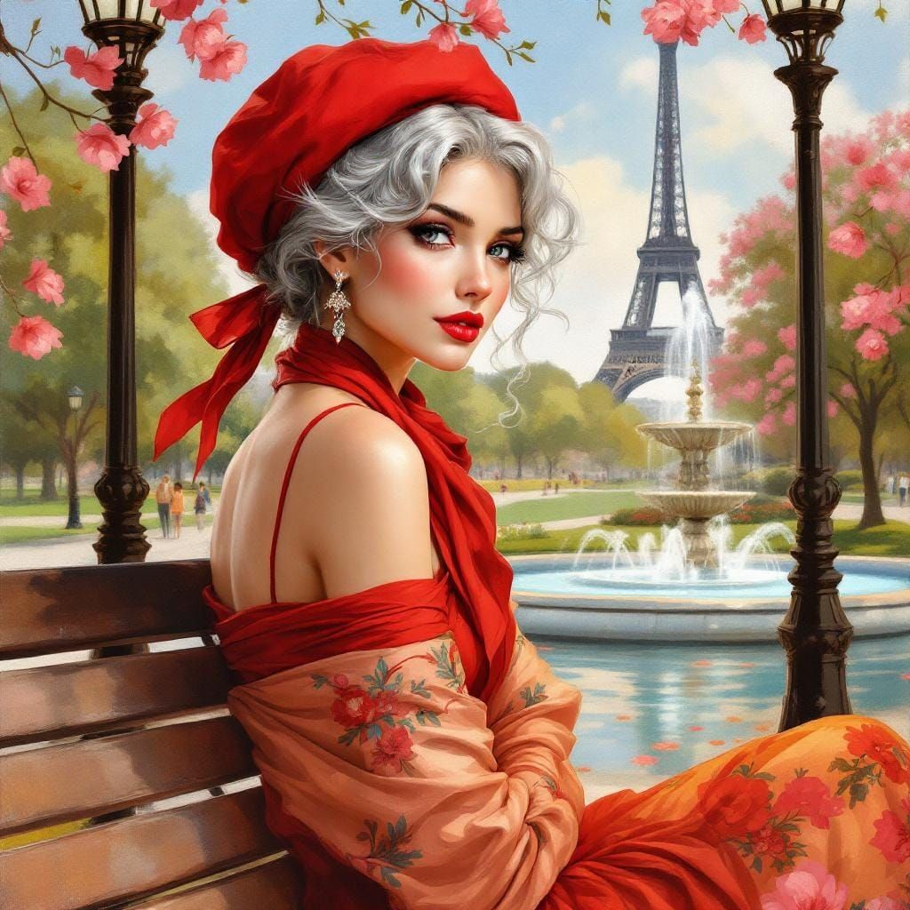 A stunningly, beautiful woman, with silver, gray hair, weari...