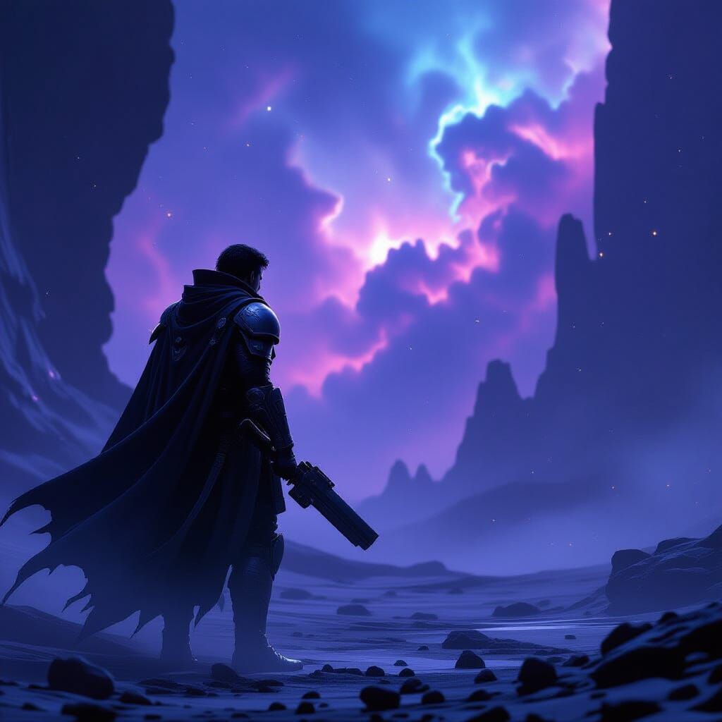 Lone Warrior in Cosmic Nebula - Sci-Fi Concept Art