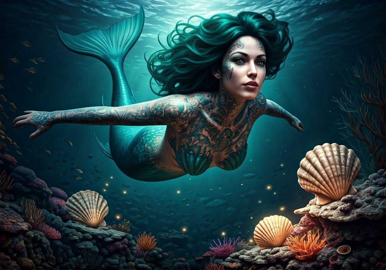 Shining Tattooed Mermaid in Bioluminescent Reef