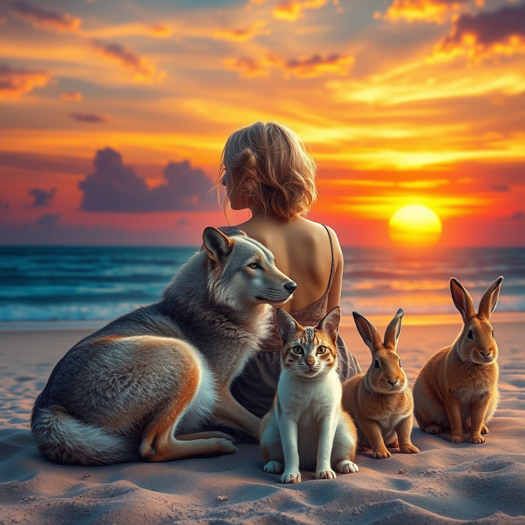 Woman with Wolf and Cat at Sunset, Fantasy Art
