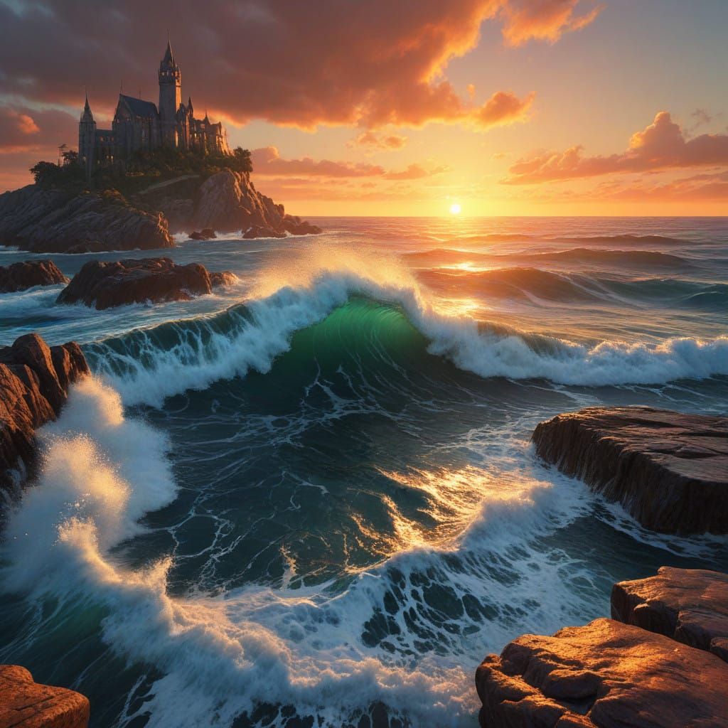 Young Mage Standing on Rocky Outcrop Amidst Turbulent Sea