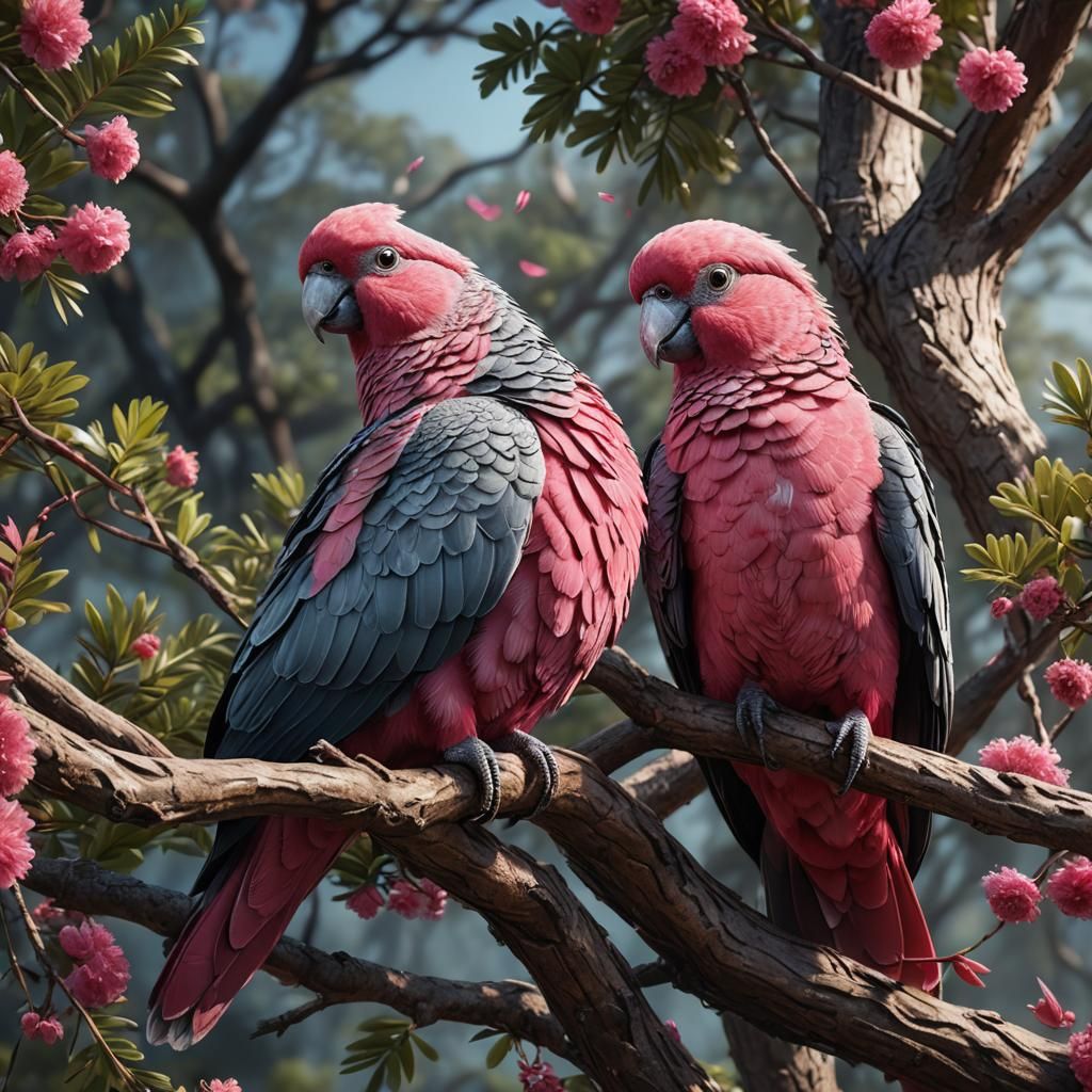Hyperreal Galahs Snuggling on a Tree Branch