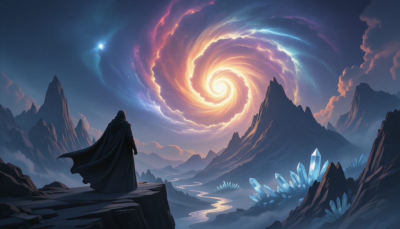 Sorcerer Gazes at Cosmic Vortex on Alien Mountain
