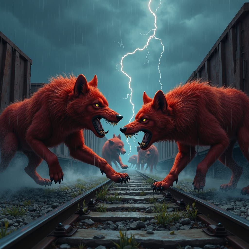 Dire Wolves Clash in Stormy Rail Yard