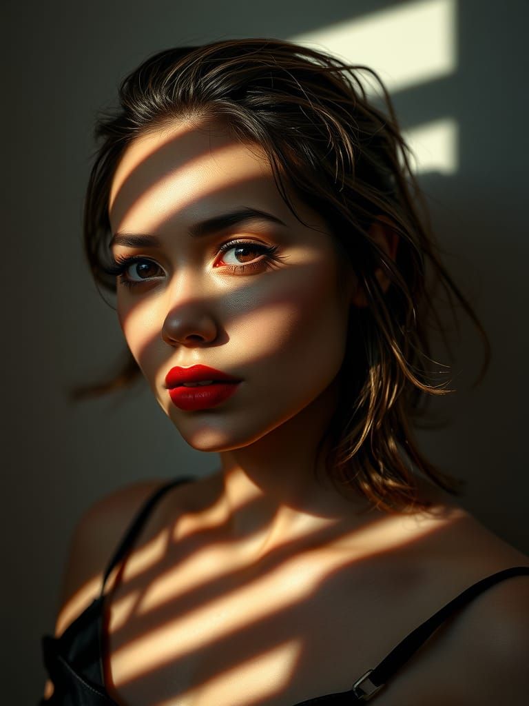 Hyperrealistic Portrait of a Woman in Striped Shadows