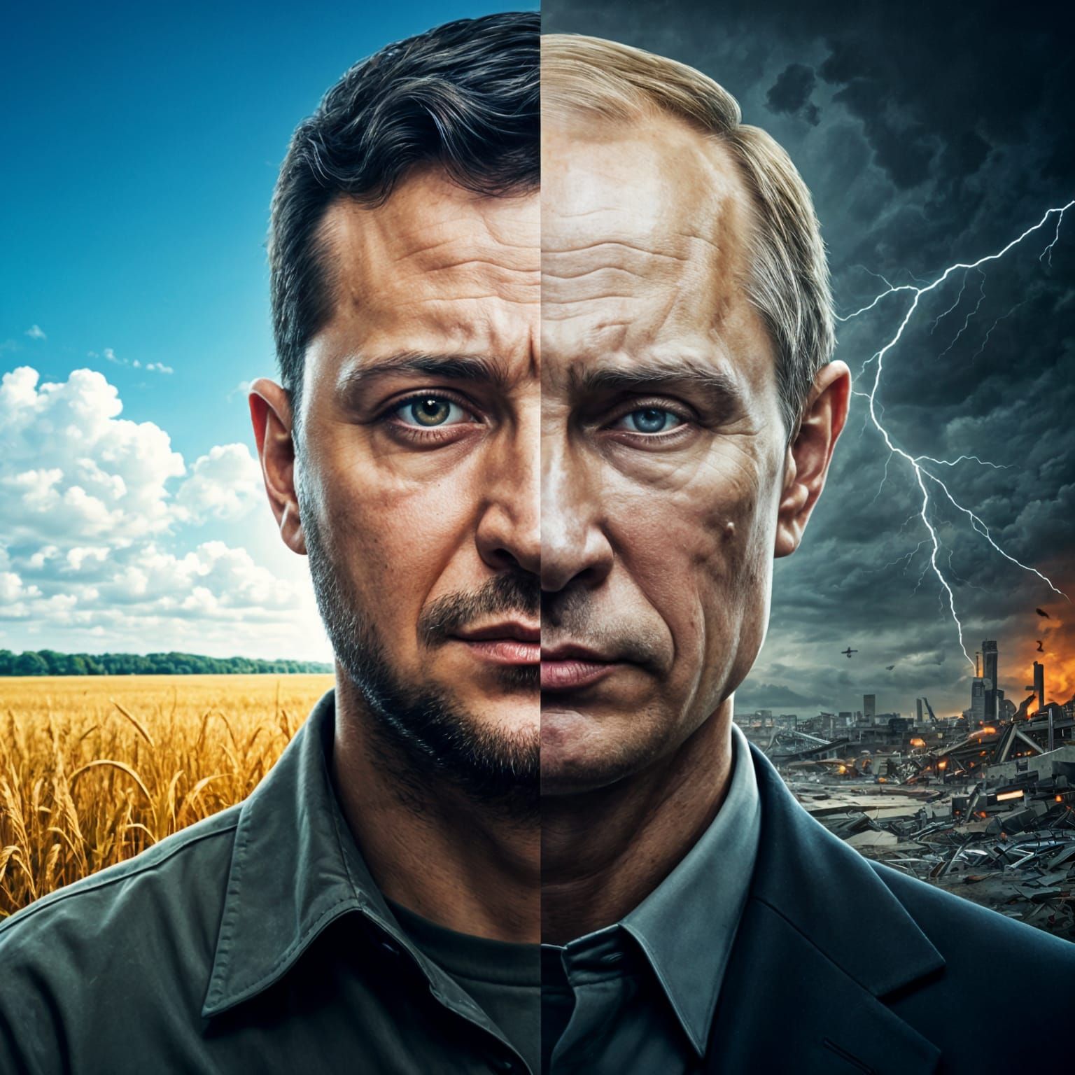 Split Portrait: Zelenskyy and Putin in Hyperrealism