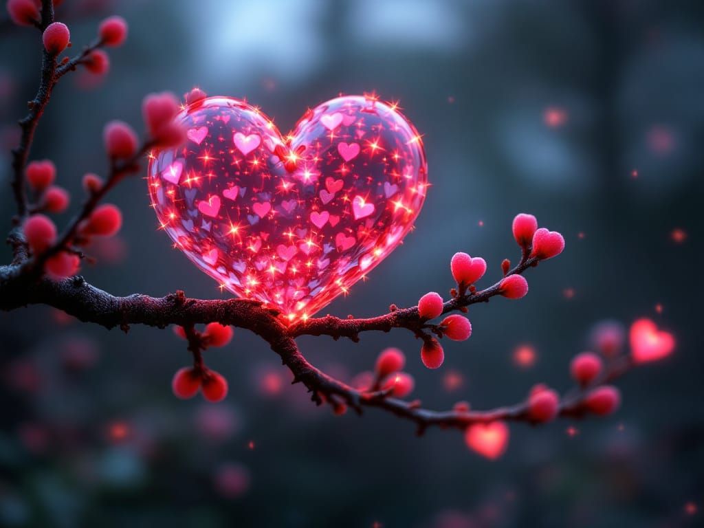 Heart-Shaped Buds on a Glowing Branch