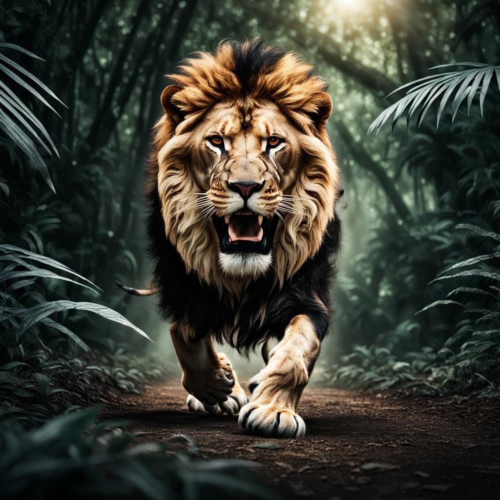 Lion Lunging Forward in Jungle Environment