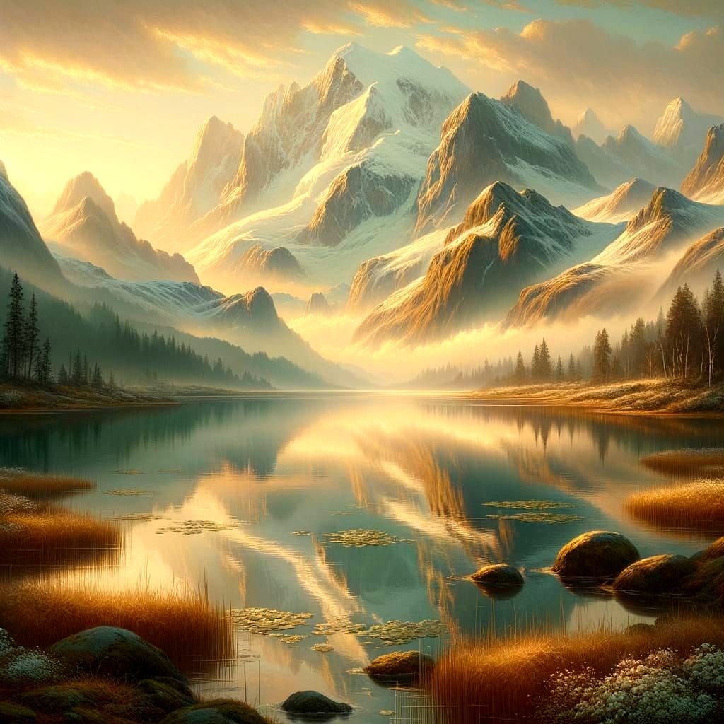 Tranquil Lake Reflects Snow-Capped Mountains at Dawn